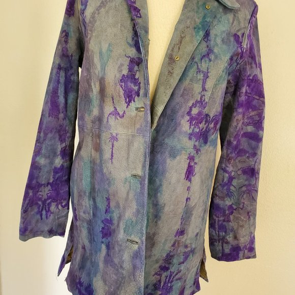 Leather suede trench Jacket Blazer peacoat small 6 8 10 purple blue black gray - Picture 3 of 8
